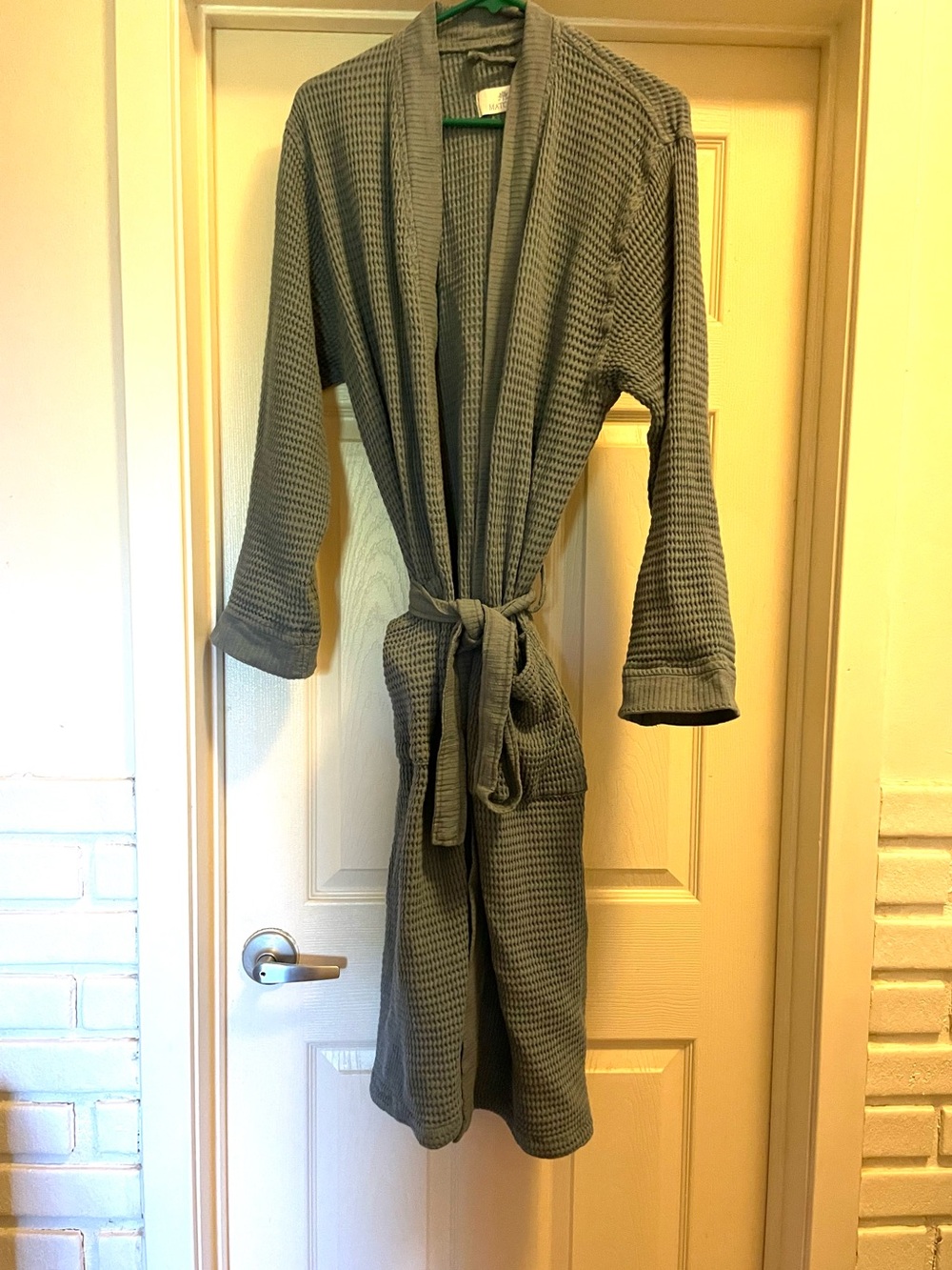 Matouk Women’s Teal Waffle Knit Belted Bathrobe S/M Shawl Collar Pockets